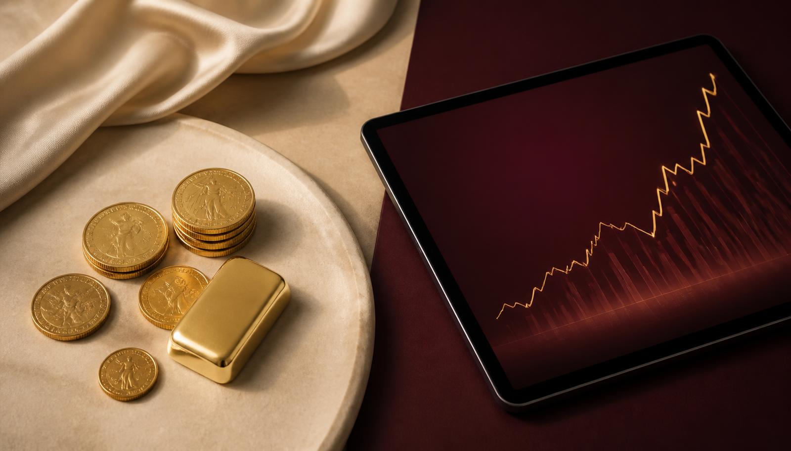 Goldmünzen und ein Barren neben einem Tablet mit Kurschart